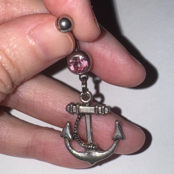 Large Anchor with Rope and Pink Gem Dangle Belly Ring - Picture 12 of 16
